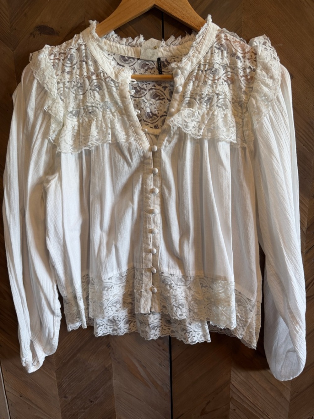 Ivory Lace-Trim Button Front Blouse - Feminine Peasant Top